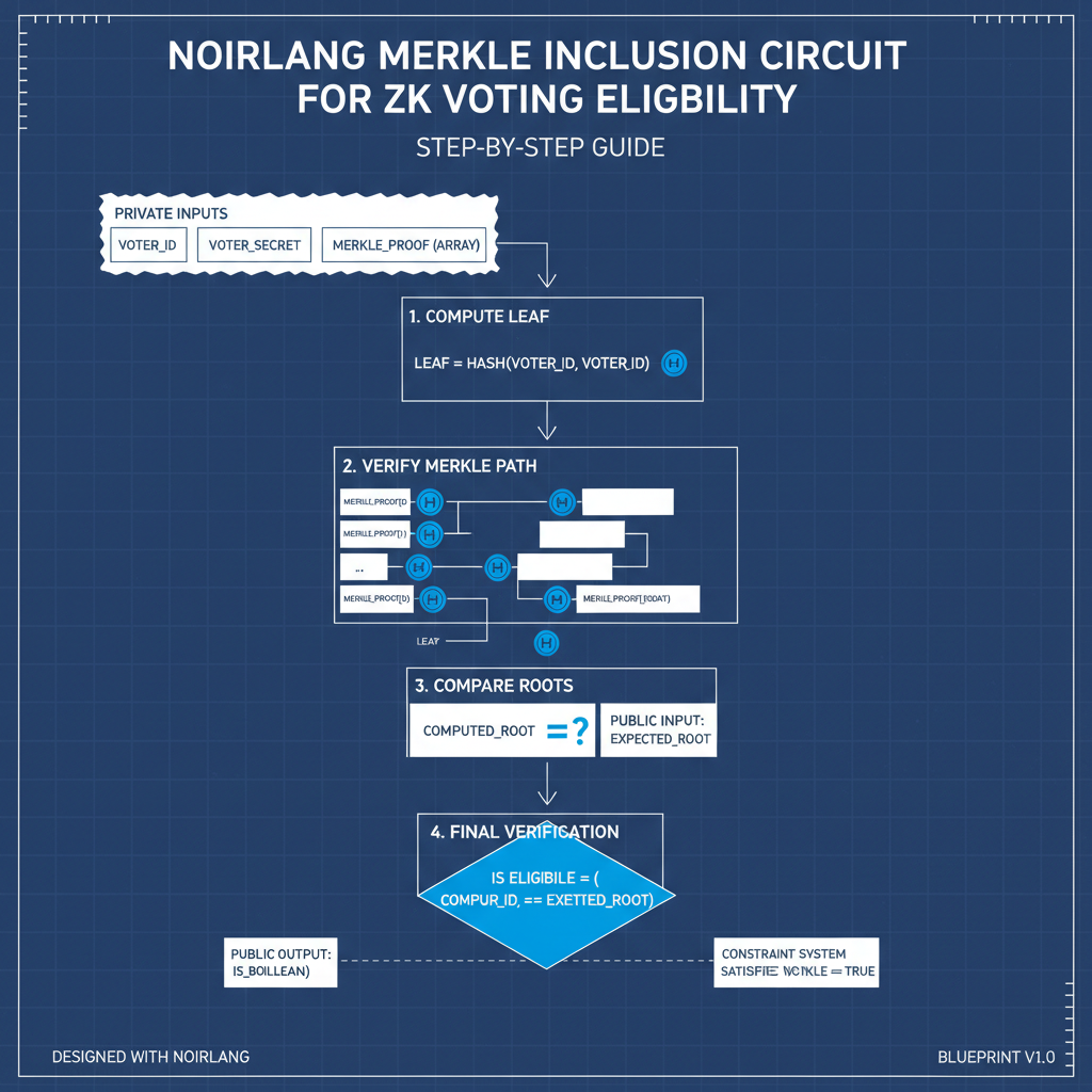 technical diagram of NoirLang Merkle inclusion circuit for ZK voting eligibility, clean blueprint style