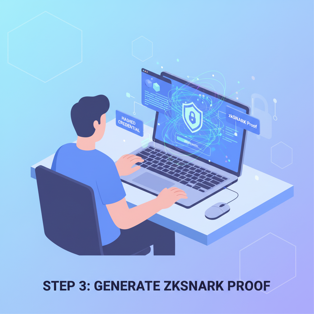 voter at laptop generating zkSNARK proof from hashed credential, digital abstract glow