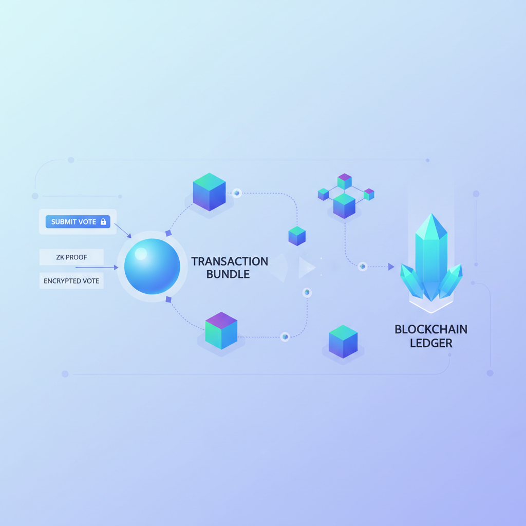 blockchain transaction submitting zk proof and encrypted vote, futuristic network nodes