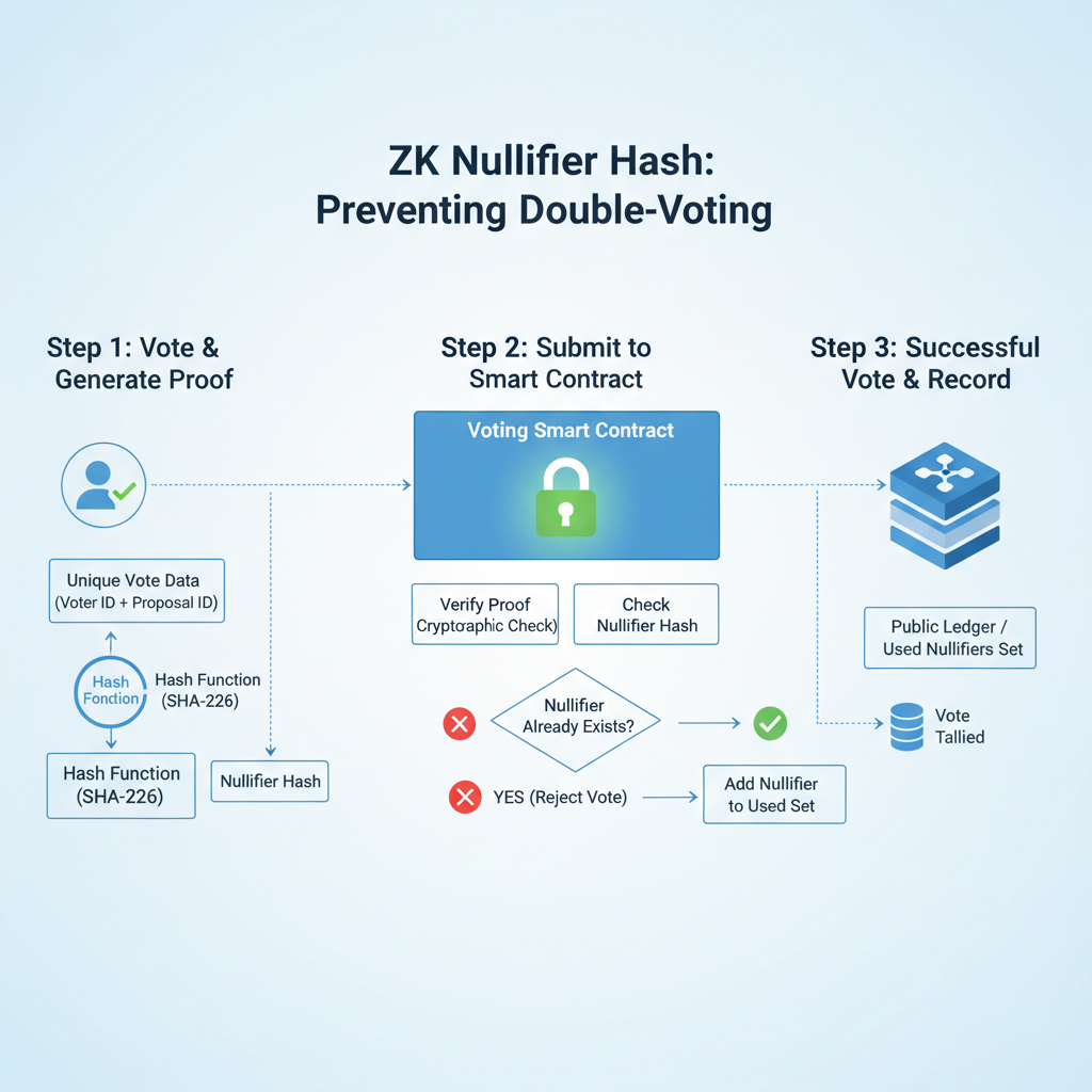 diagram of nullifier hash preventing double-voting in ZK system, secure lock icon