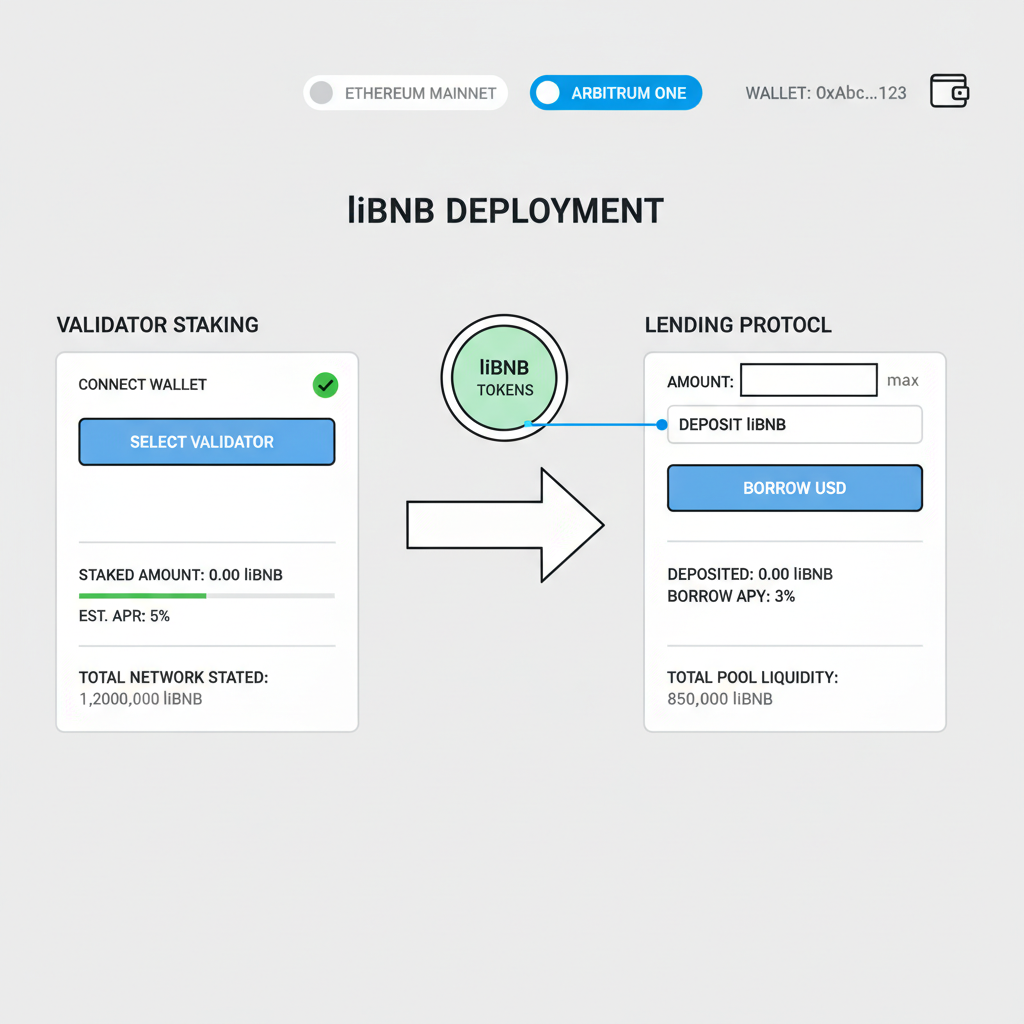 deploying liBNB tokens into validator or lending protocol dashboard on Ethereum or Arbitrum DeFi UI