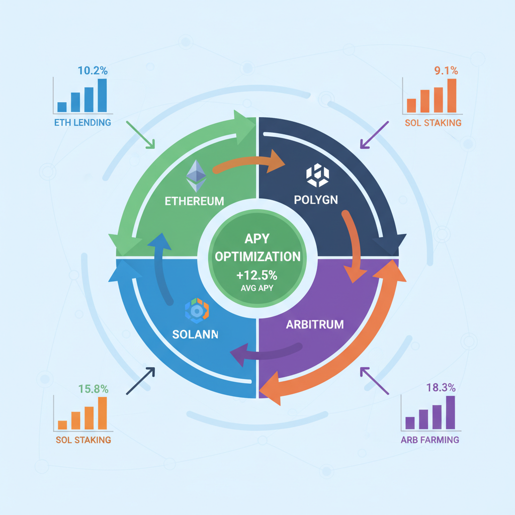 rotating DeFi positions dashboard arrows showing APY optimization across Ethereum Solana Polygon Arbitrum