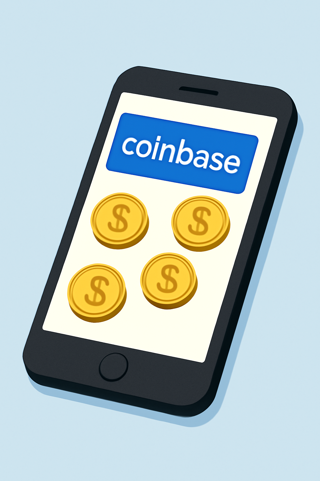 A smartphone displaying the Coinbase app with gold tokens on the screen.