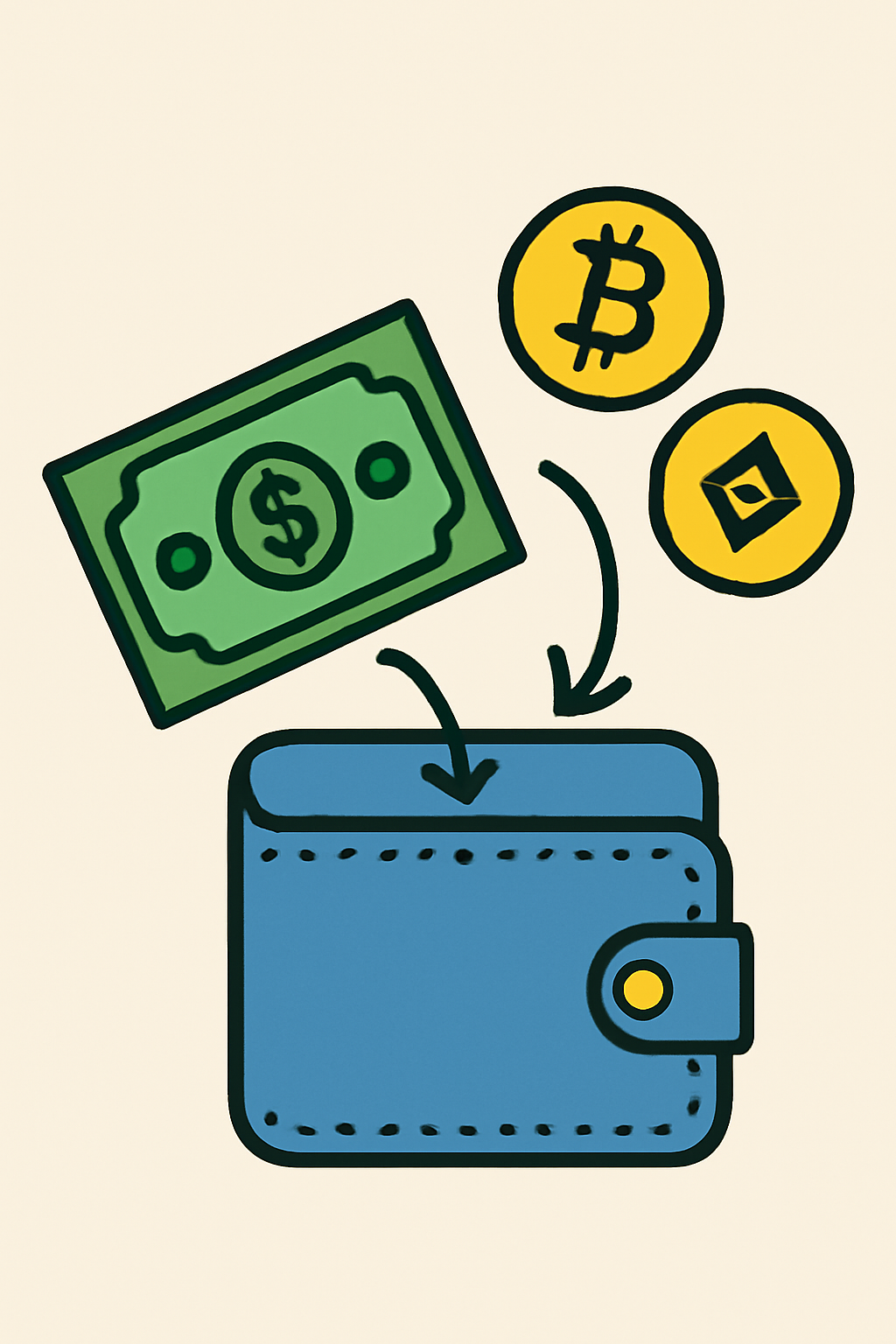 A digital wallet being funded with cash and crypto symbols.