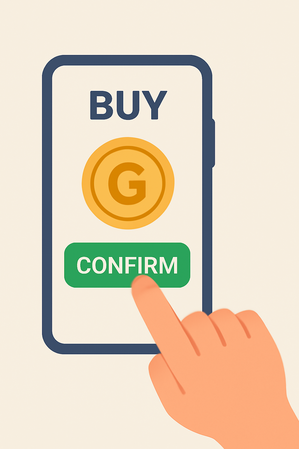 A hand confirming a buy order for a gold token on a smartphone.