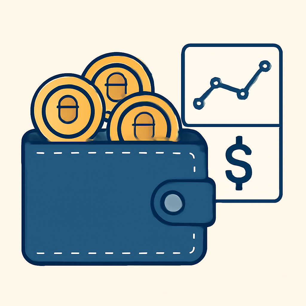 A digital wallet displaying gold tokens with a padlock icon and price chart.