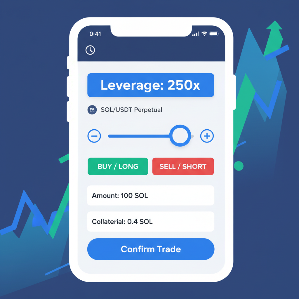 Mobile perps trading screen slider for 250x leverage on SOL, Jupiter app UI, dynamic chart background