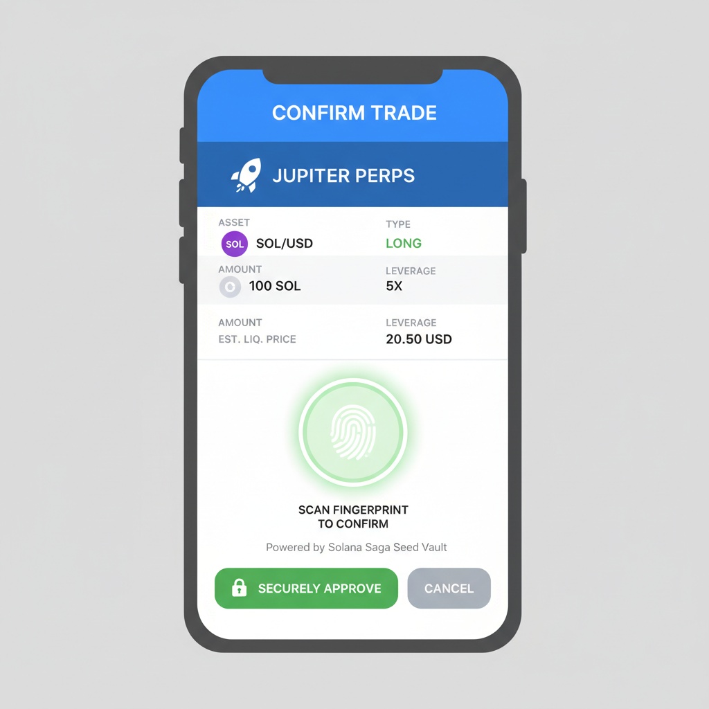 Solana Saga Seed Vault confirmation screen for Jupiter perps trade, secure biometric prompt, mobile security UI