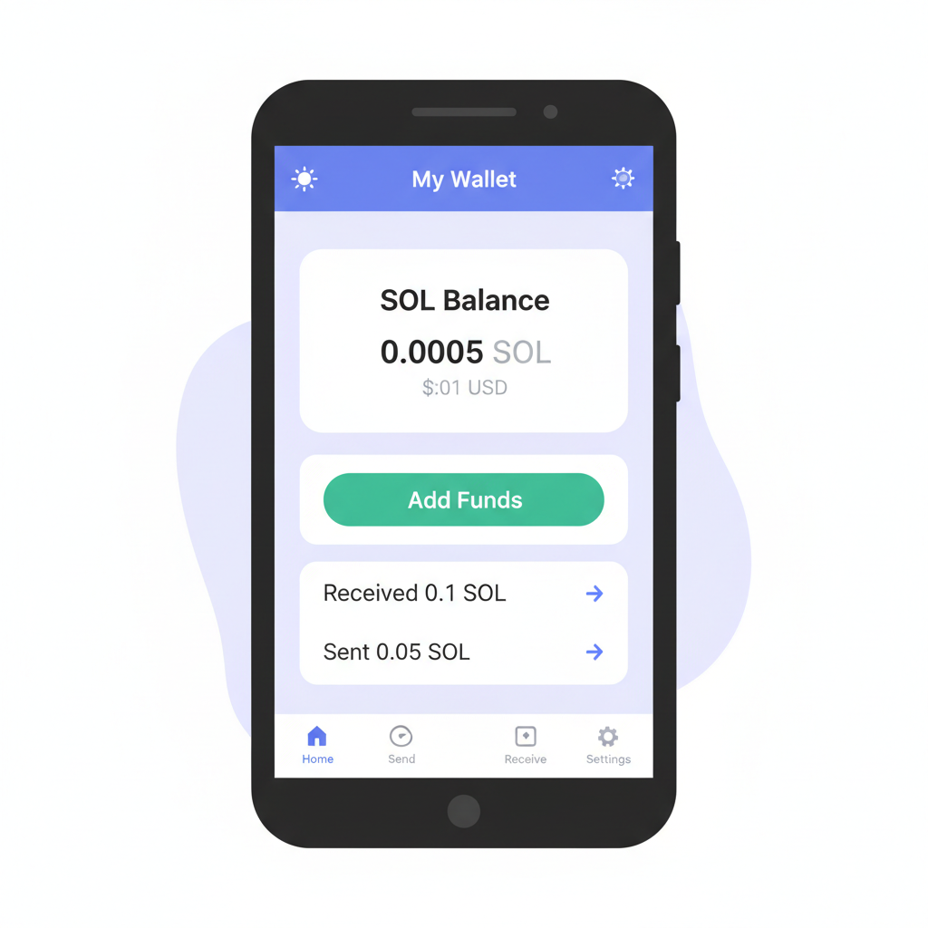 Solana Saga phone screen showing wallet funding with minimal SOL balance, crypto app interface, mobile UI