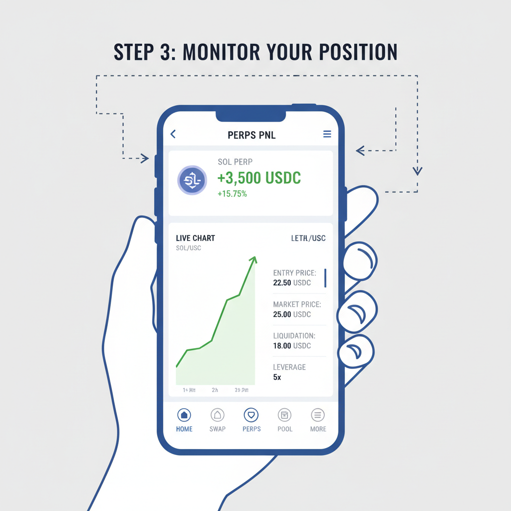 Jupiter Mobile dashboard showing perps PNL for SOL position on Saga phone, charts and metrics live view