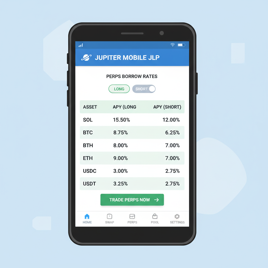 Jupiter Mobile JLP borrow rates display for perps trade, rates table on Saga phone screen, informative UI