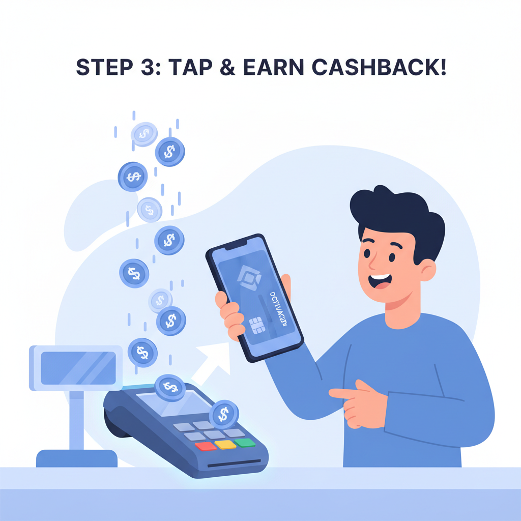 activated virtual card tapping payment terminal, cashback USDC raining, excited user