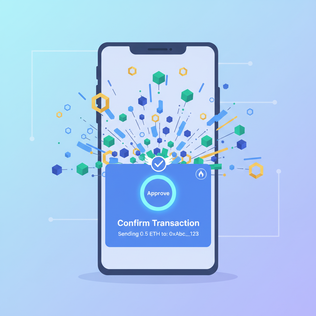 transaction confirmation popup, wallet approval, blockchain tx animation exploding