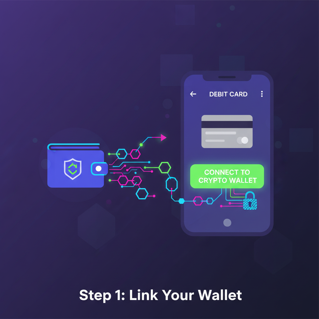 crypto wallet connecting to debit card app, blockchain chains linking, vibrant neon interface
