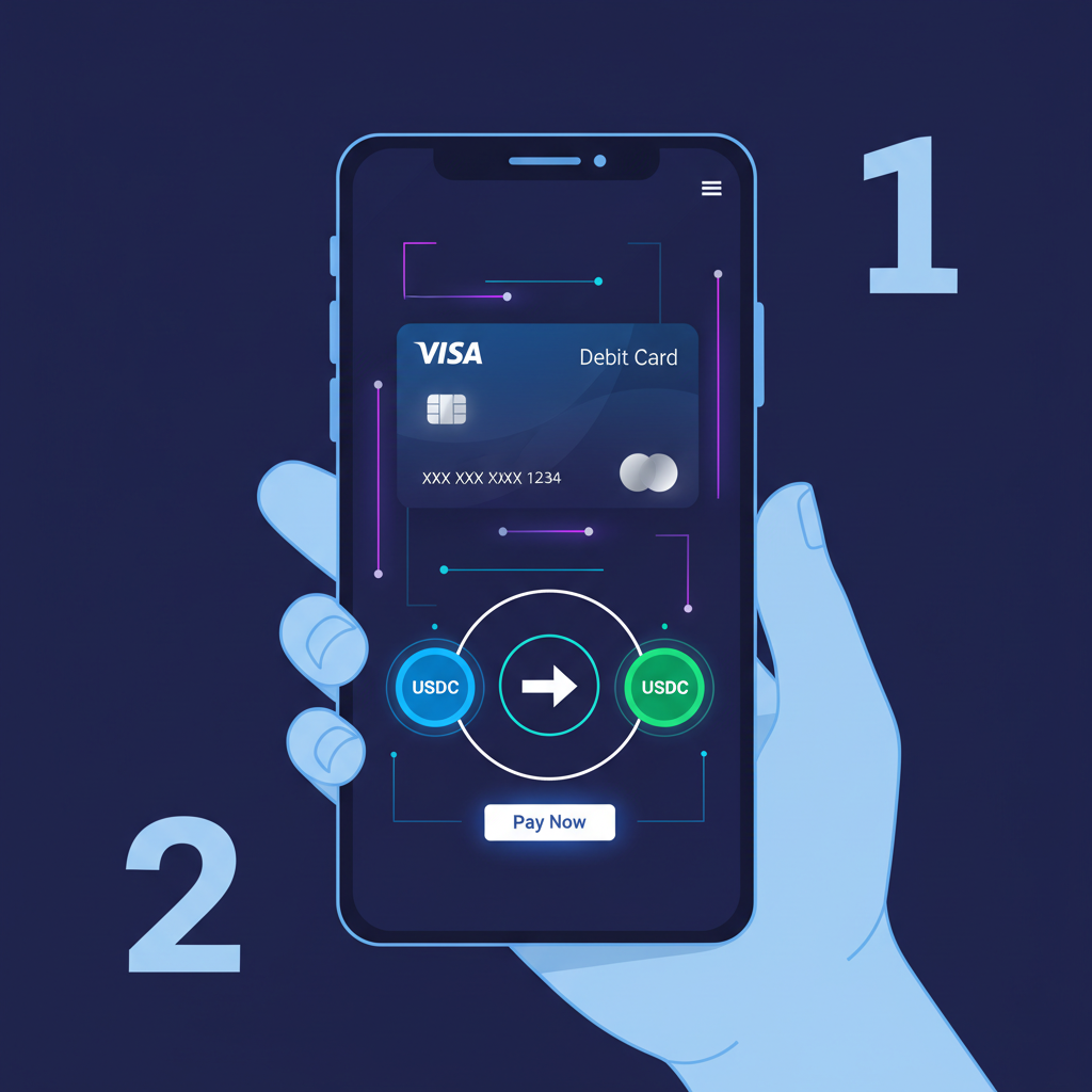 sleek virtual visa debit card on mobile app screen, glowing crypto USDC icons, futuristic UI