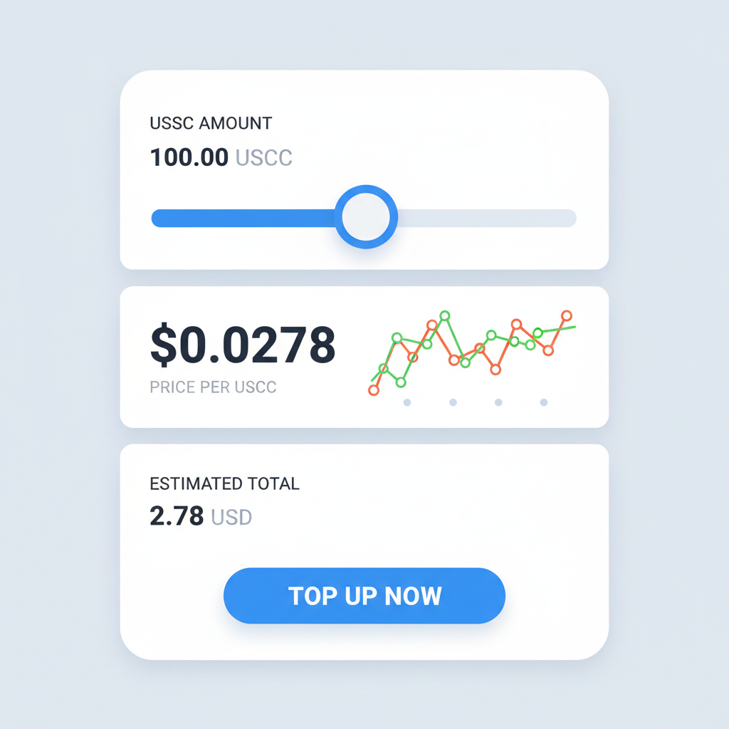 top-up screen with USDC slider, $0.0278 price display, dynamic charts