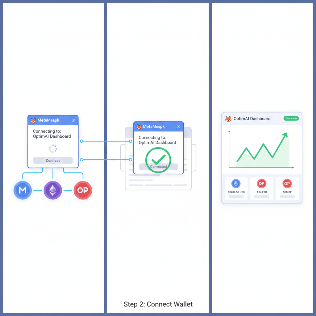 MetaMask wallet connecting to OptimAI dashboard on screen, green checkmark, crypto icons linking