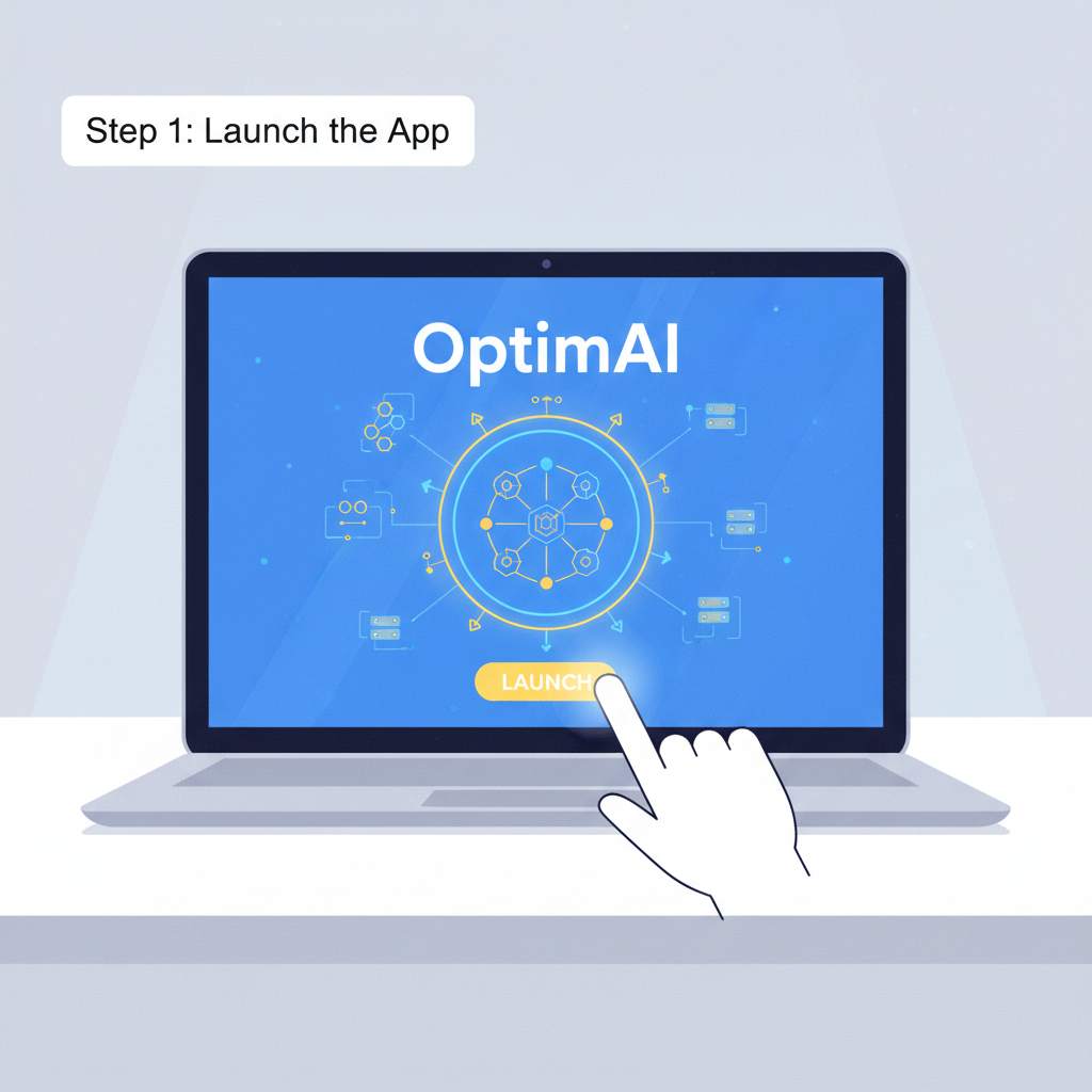 launching OptimAI app on laptop screen, glowing startup animation, decentralized network icons pulsing