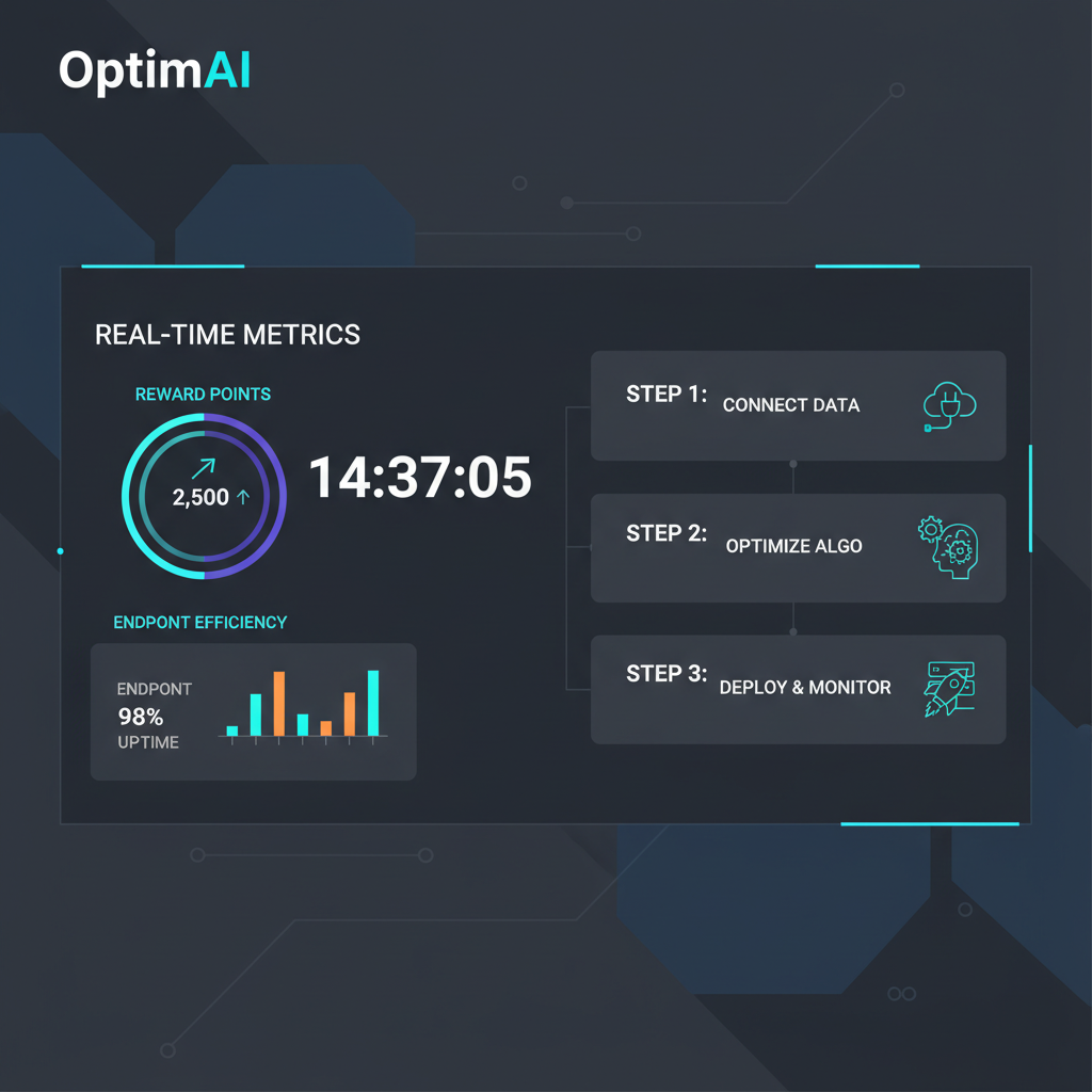 OptimAI dashboard with real-time metrics, graphs of rewards and endpoints, dark mode futuristic UI