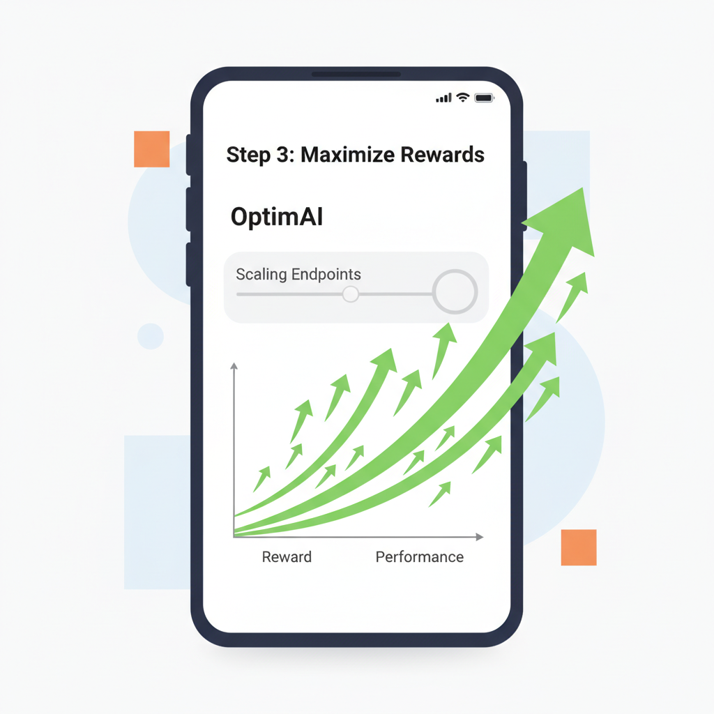 scaling endpoints slider on OptimAI app, reward graphs skyrocketing, energetic green upward arrows