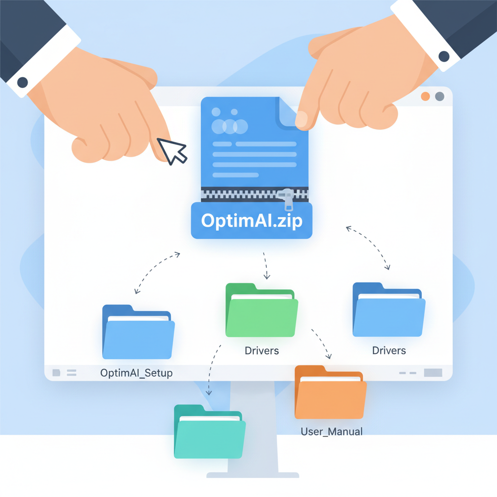 hands unzipping OptimAI software archive on modern desktop, clean folder icons emerging, vibrant tech aesthetic