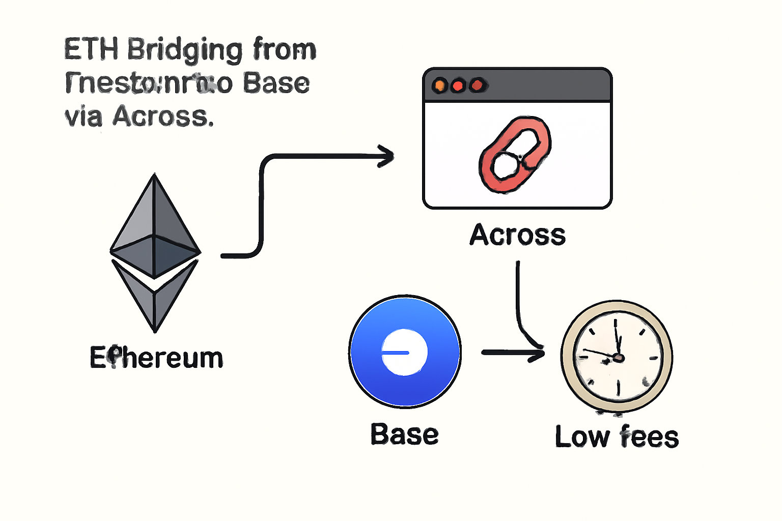 ETH bridging flowchart from Ethereum to Base via Across protocol, low fee icons, off-peak clock, simple graphic illustration
