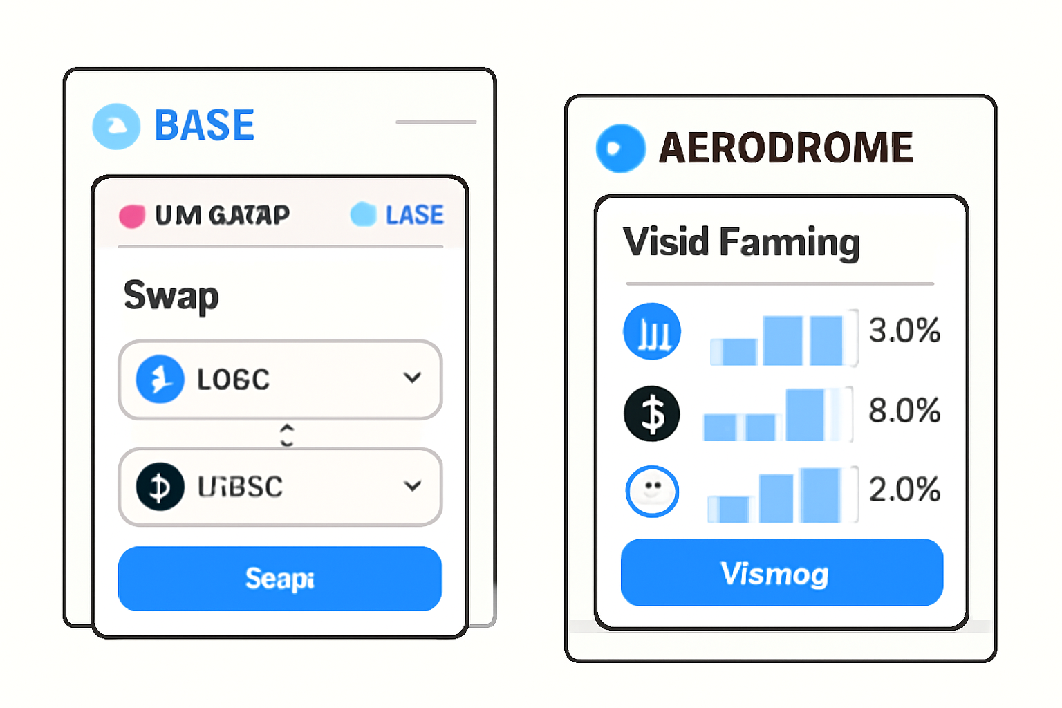 Uniswap V4 and Aerodrome interfaces on Base chain, yield farming dashboard with 5-10% APY charts, stablecoin icons