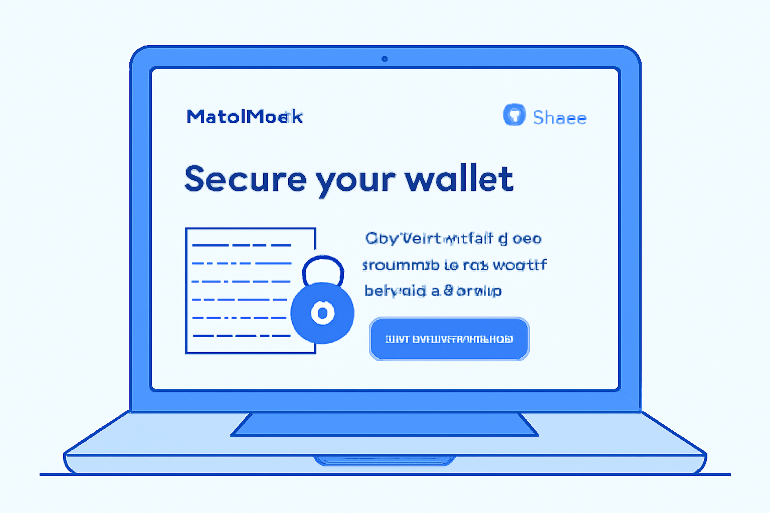 Clean MetaMask wallet setup screen on laptop, Ethereum Base network added, secure seed phrase backup icon, professional blue tones