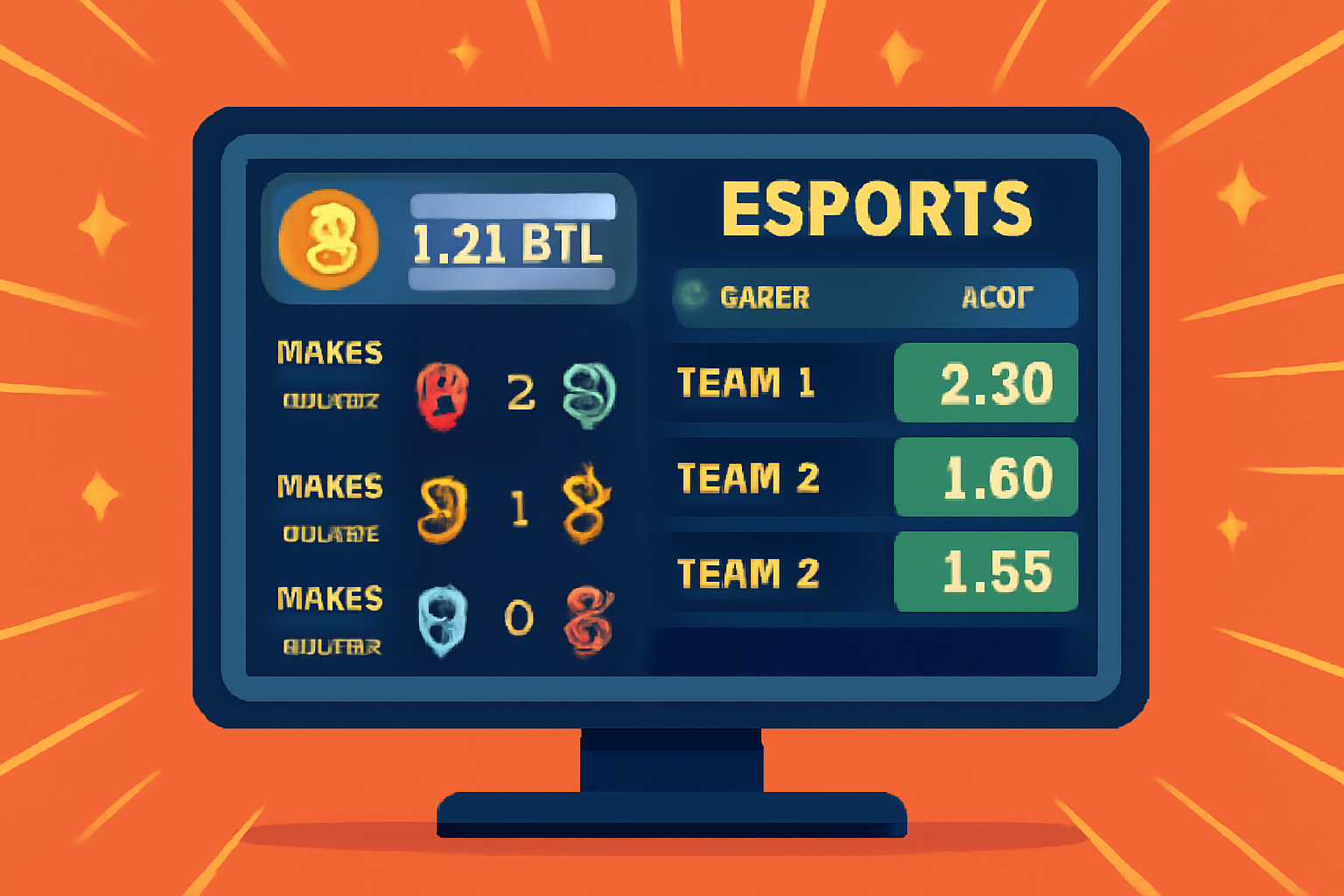 A computer screen displaying esports matches and betting odds, with a Bitcoin balance confirmed, energetic and inviting atmosphere.