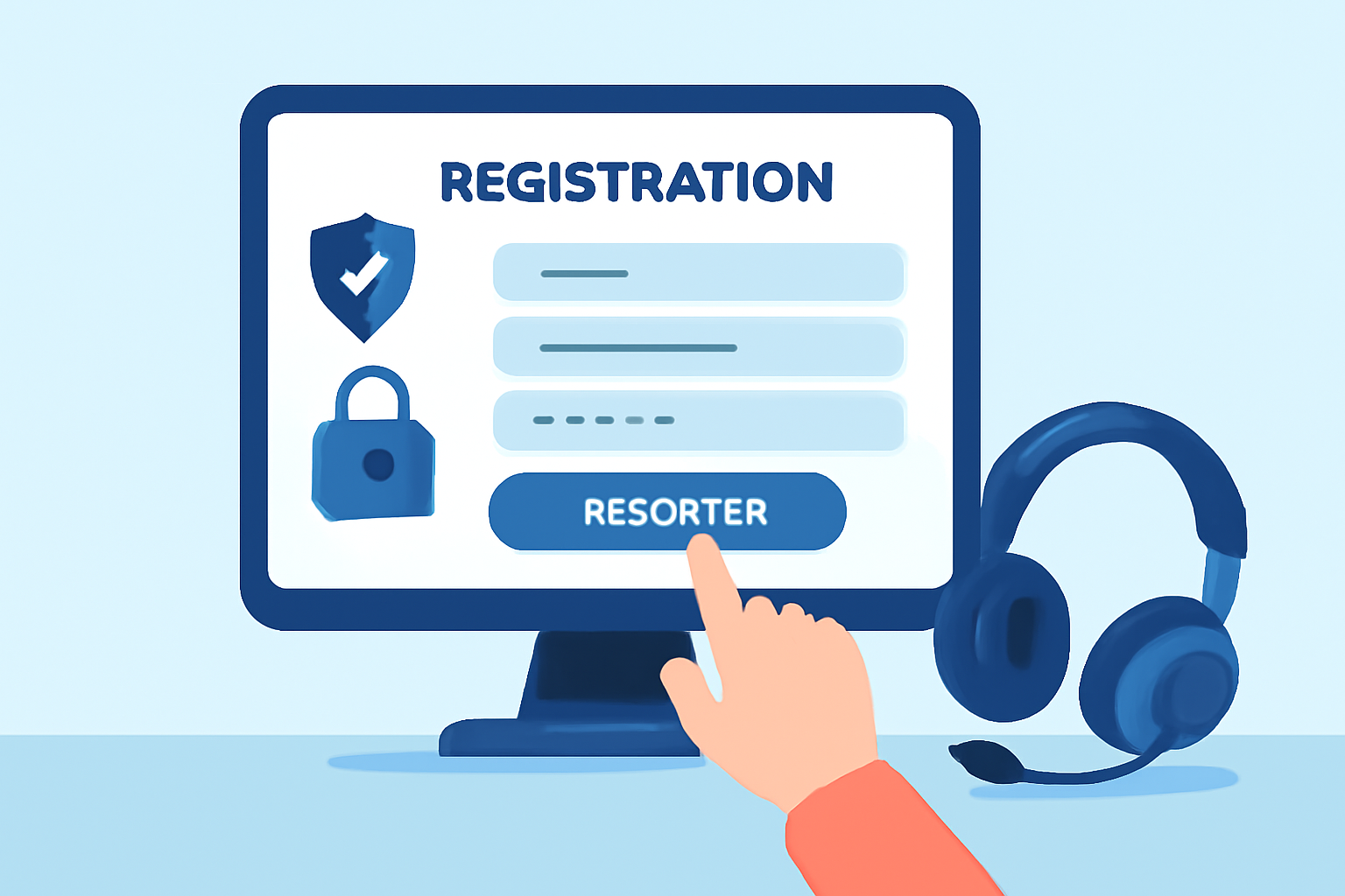 A user filling out a registration form on a computer screen, with security icons and a gaming headset nearby, clean and digital style.