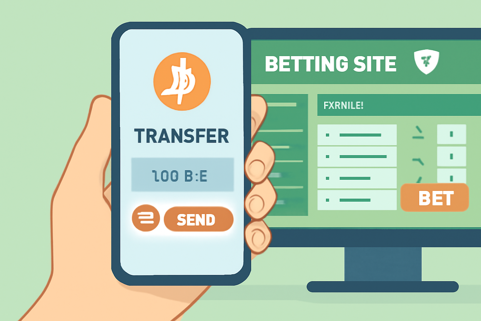 A hand holding a smartphone showing a Bitcoin transfer screen, with a betting site interface in the background, emphasizing accuracy and security.