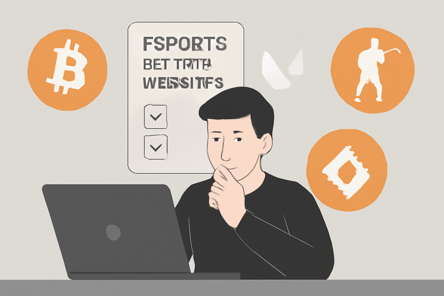A person comparing esports betting websites on a laptop, with Bitcoin symbols and esports game logos in the background, modern and trustworthy vibe.