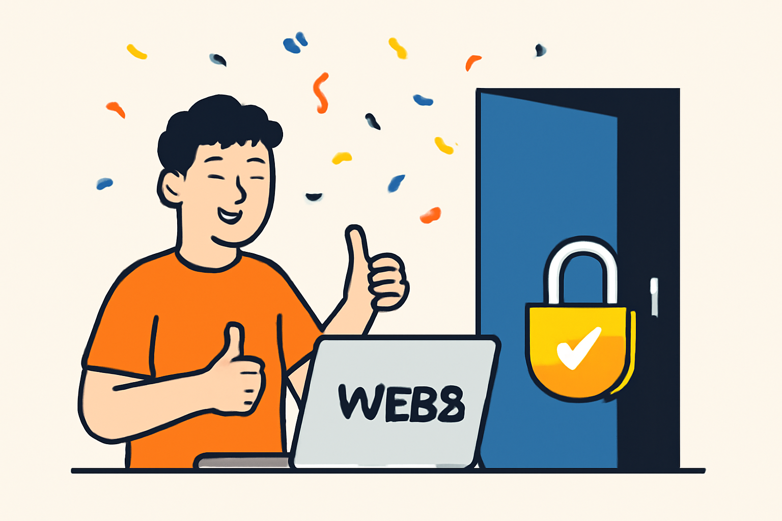 happy user thumbs up accessing private web3 service, locked door opening with privacy padlock, confetti celebration