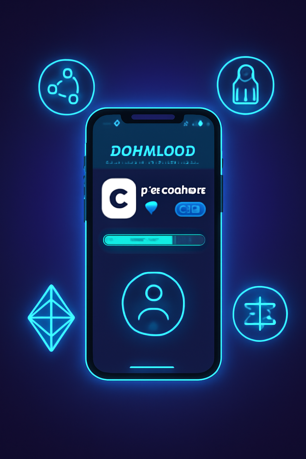 smartphone downloading Concordium ID or Altme app from store, glowing web3 icons, futuristic neon UI