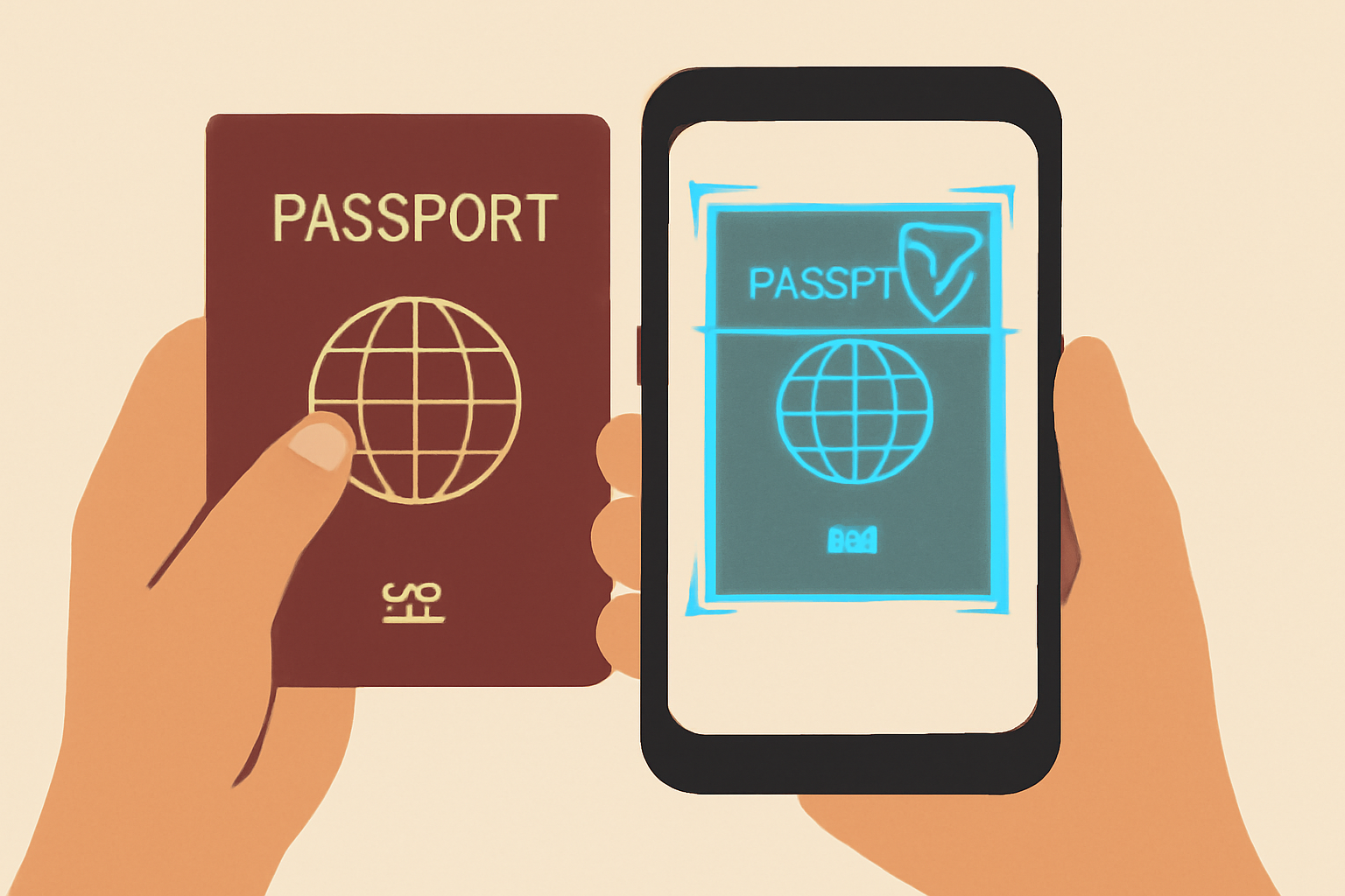 close-up hand holding passport scanned by phone camera, secure holographic verification overlay, privacy shield