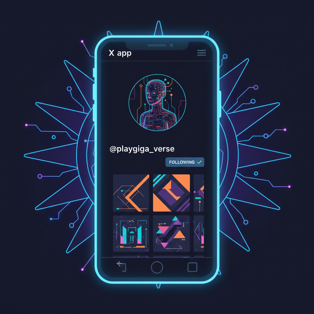 smartphone screen showing X app, following @playgiga_verse account, Solana logo background, cyberpunk style