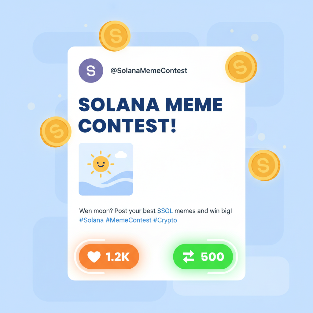 X post interface with like and retweet buttons highlighted, meme contest text, Solana coins floating