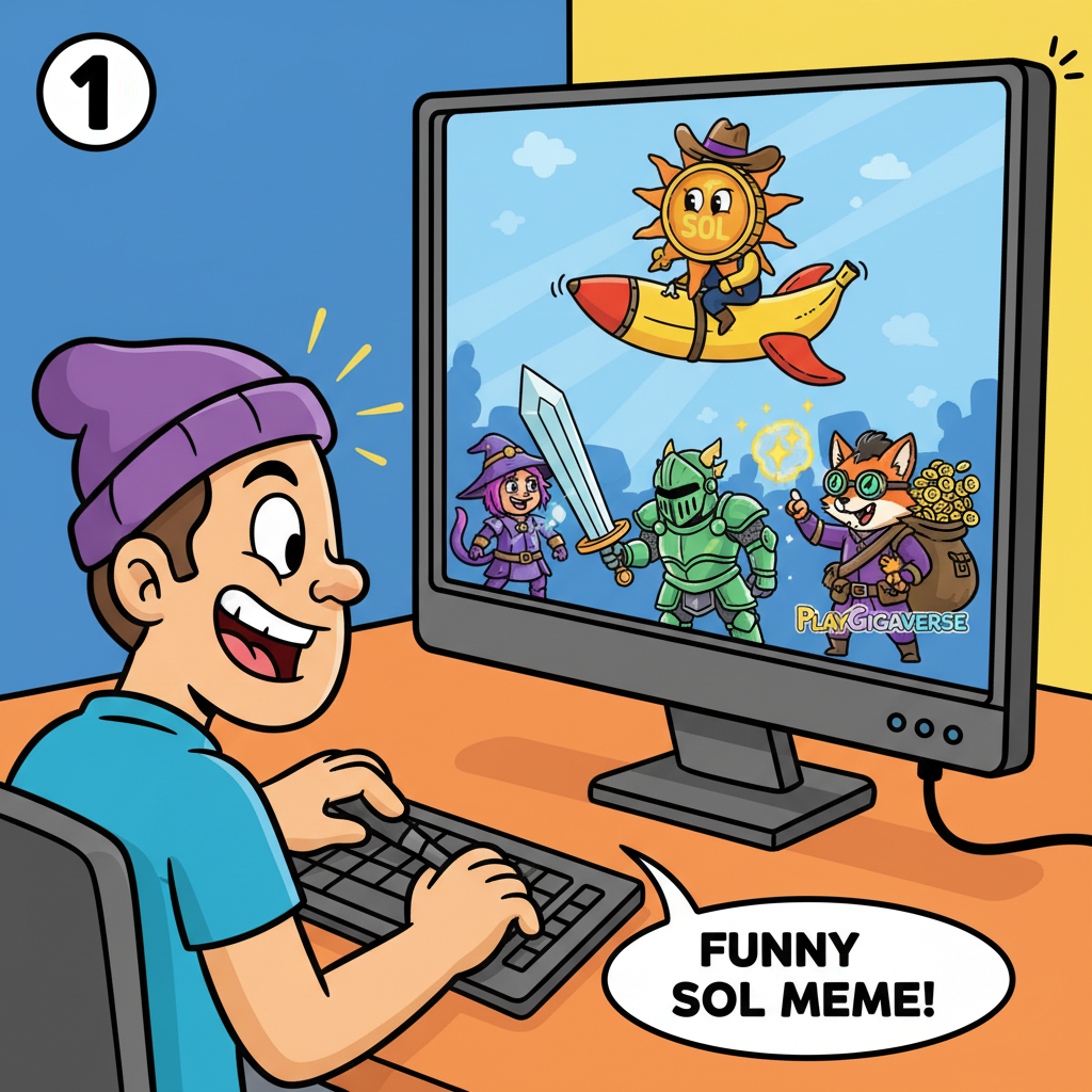 artist creating funny Solana meme on computer, PlayGigaverse game characters, vibrant cartoon style