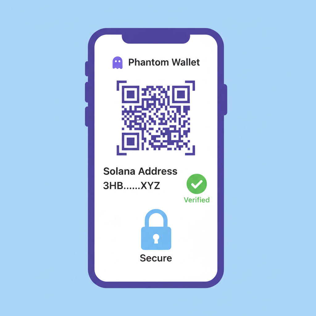 Solana wallet address on screen with Phantom app, secure lock icon, green checkmark verified