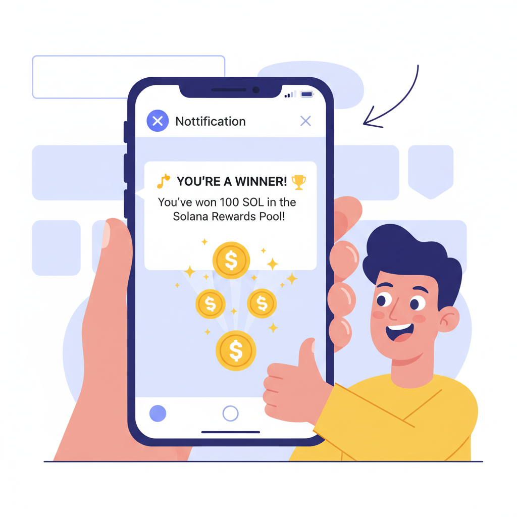 X notifications screen with winner announcement, excited user checking phone, Solana rewards popping