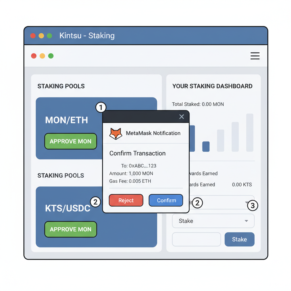 Kintsu interface showing MON approval button, MetaMask confirmation popup, staking UI elements