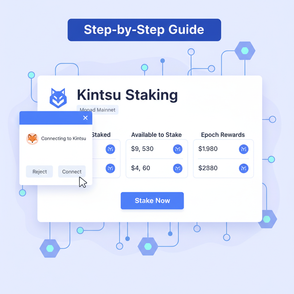 MetaMask popup connecting to Kintsu staking dashboard on Monad mainnet, clean web UI, blue theme