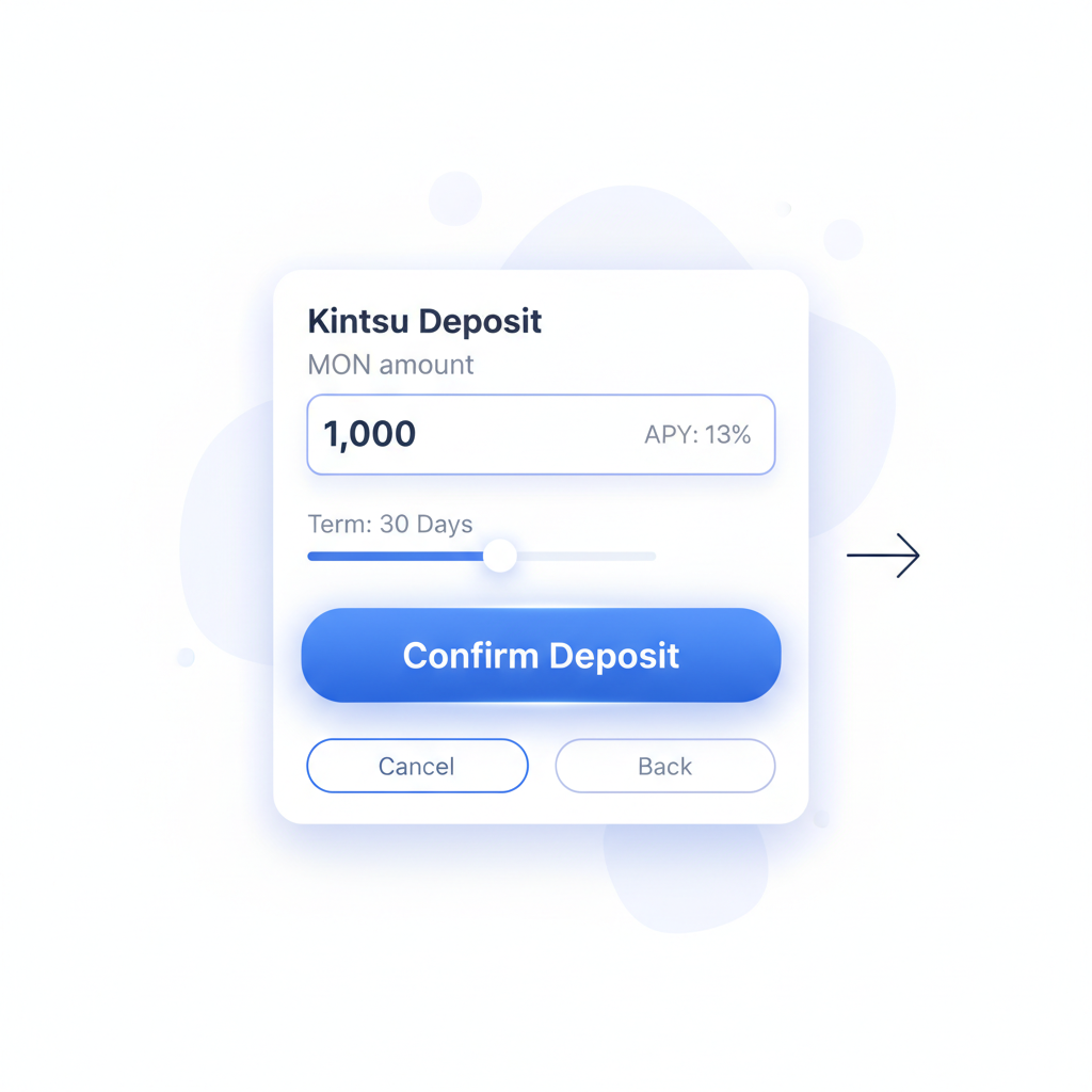 Kintsu deposit form with MON amount input, 13% APY display, confirm button highlighted