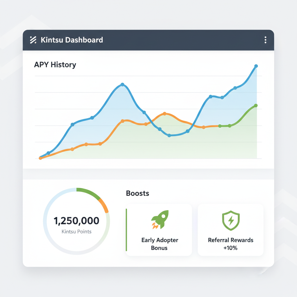 Kintsu points dashboard with APY graph, points counter, boosts section, modern analytics UI
