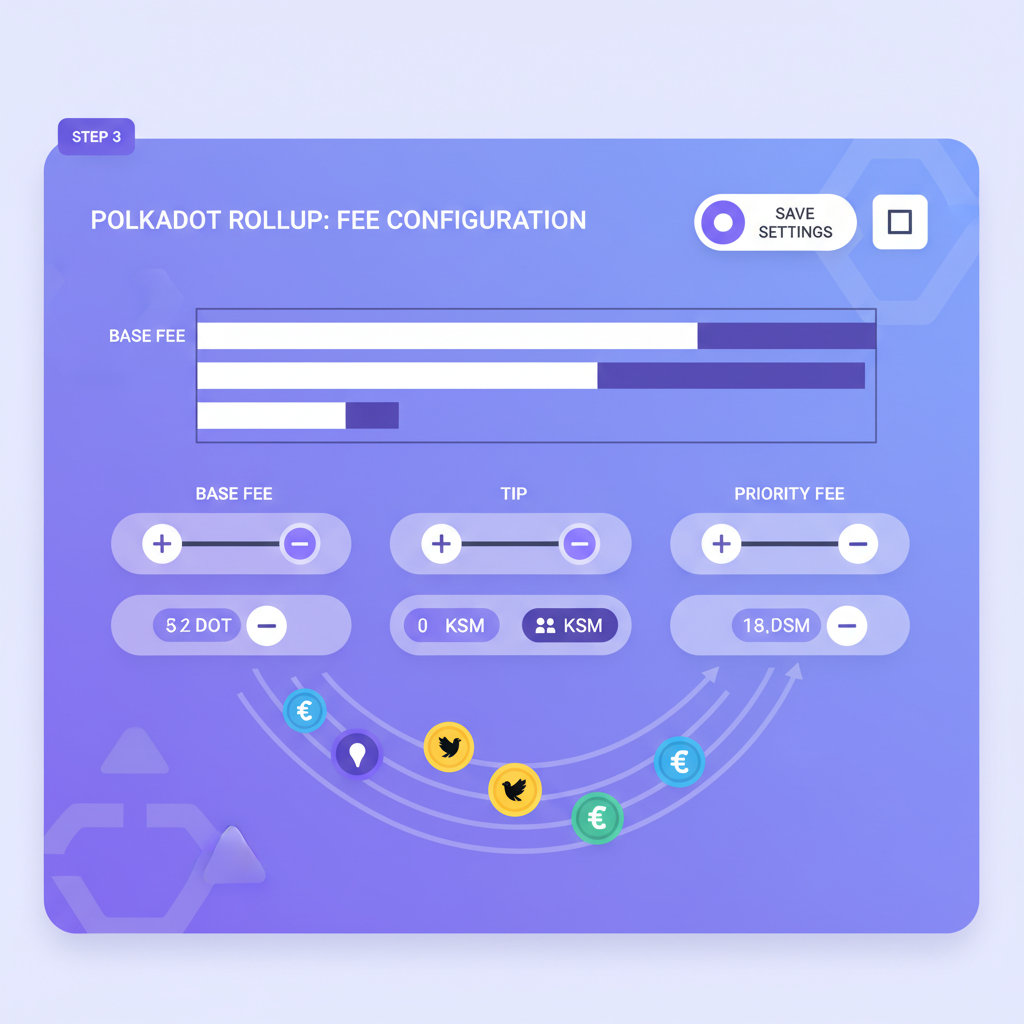 fee configuration graph on Polkadot rollup panel, customizable sliders, coin icons flowing