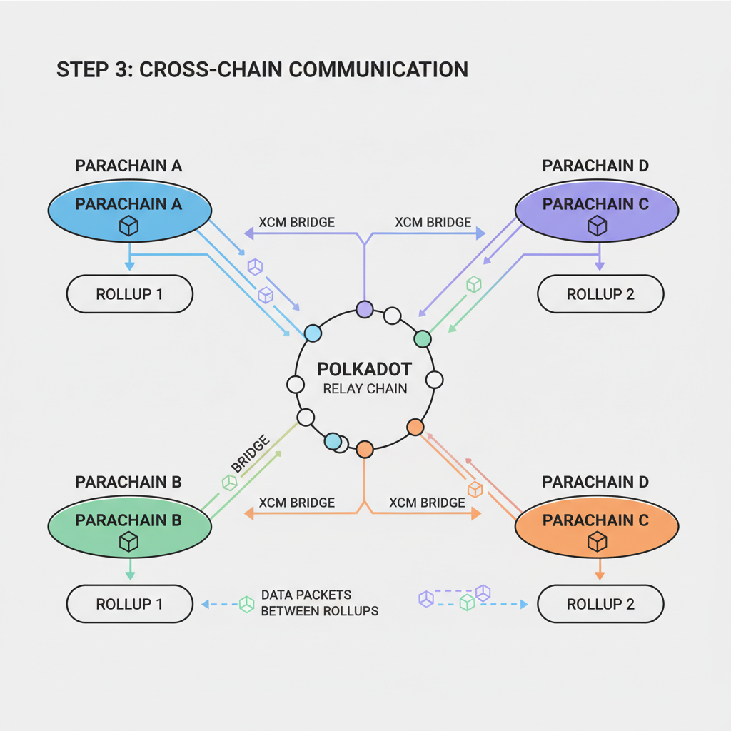XCM bridges connecting Polkadot parachains, data packets flowing between rollups