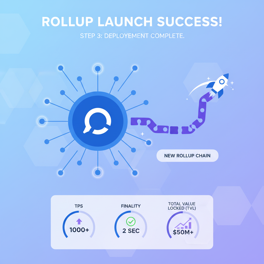 successful rollup launch animation, Polkadot network expanding with new chain, metrics dashboard
