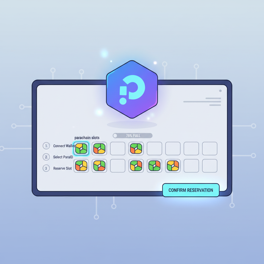 Polkadot paraID reservation screen, digital ID badge glowing, parachain slots filling