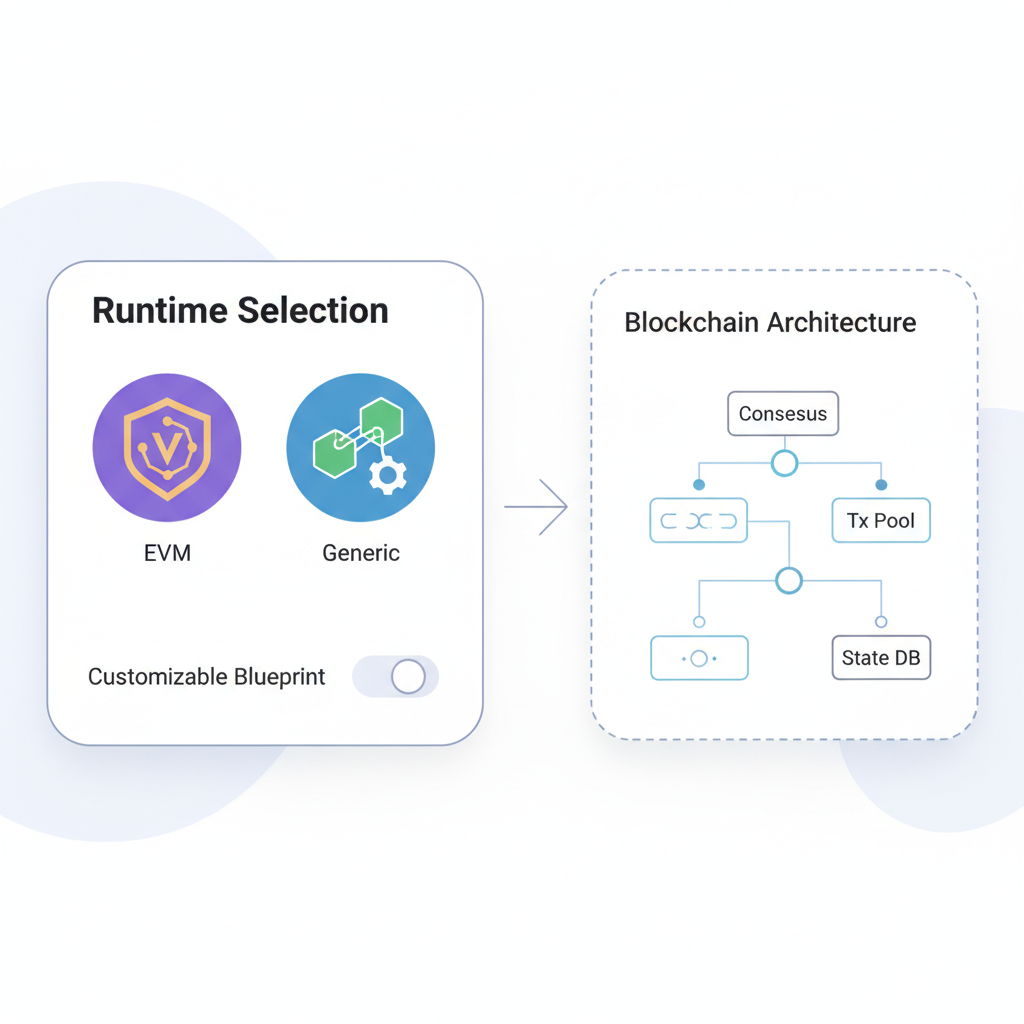 runtime selection interface, EVM vs Generic icons, customizable blockchain blueprint