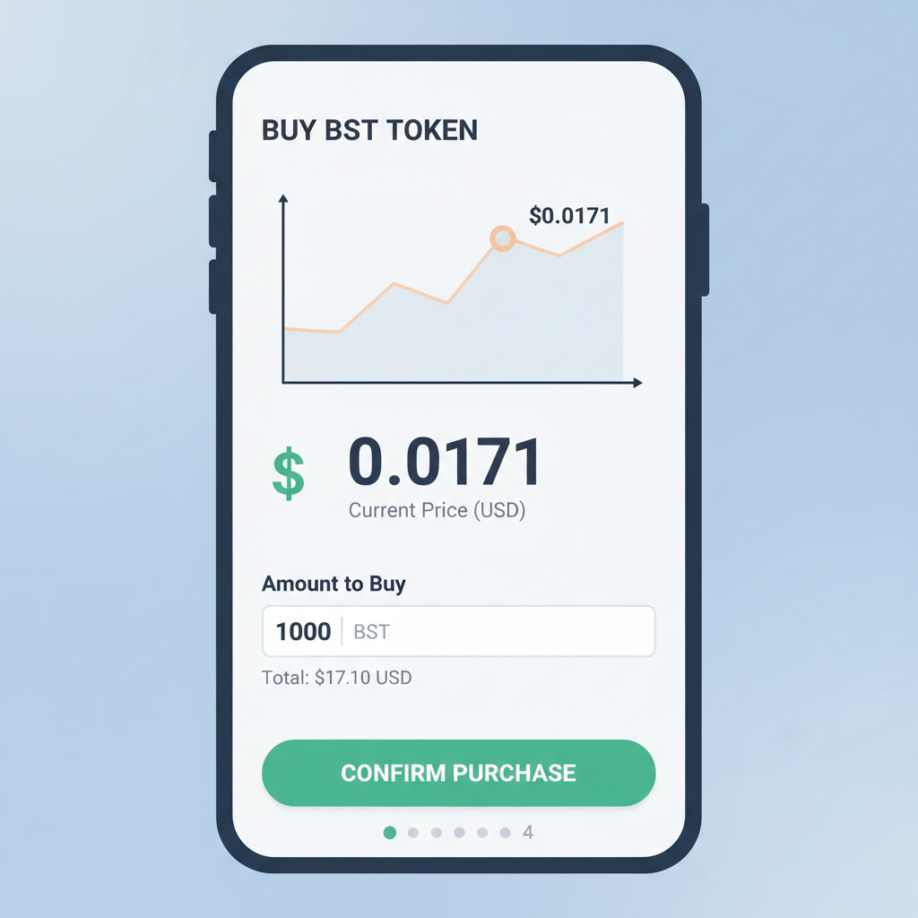 sleek crypto exchange app interface showing BST token purchase at $0.0171